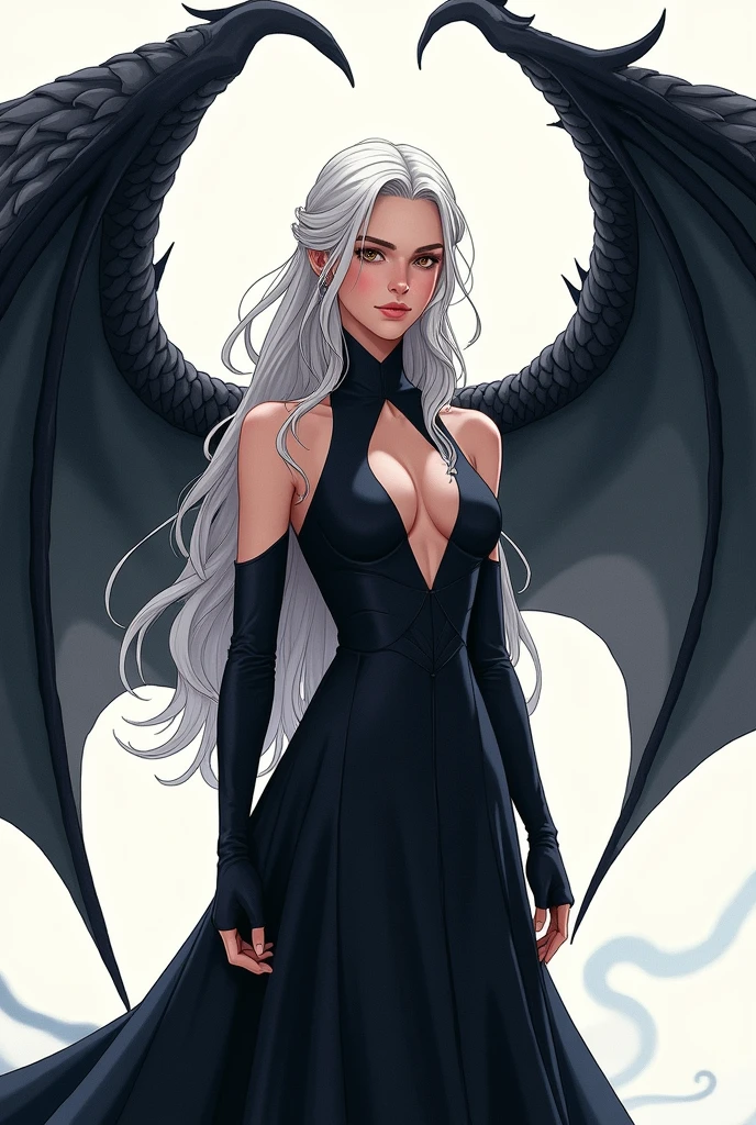 drawing of Daenerys Targaryen with a black dress and dragon wings; anime style