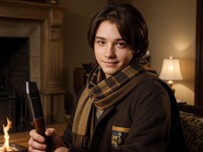 Male Hufflepuff student, 15 years, Brown hair, hair over the shoulder, combine, scarf, eyeball, seductive smile, chiaroscuro, drop shadow, fujicolor, Social realism, Lens flare, wand in hand, HD, High resolution, anatomically correct, personal room, asleep, dark sofa, lit fireplace
