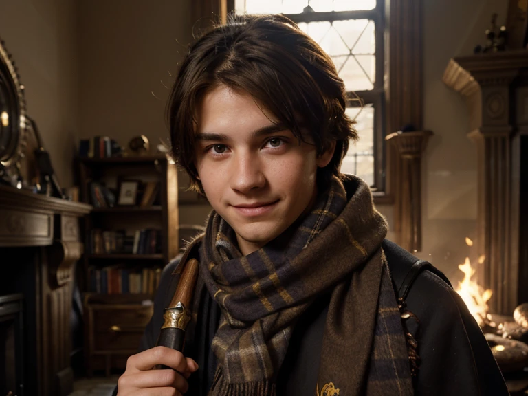 Male Hufflepuff student, 15 years, Brown hair, hair over the shoulder, combine, scarf, eyeball, seductive smile, chiaroscuro, drop shadow, fujicolor, Social realism, Lens flare, wand in hand, HD, High resolution, anatomically correct, personal room, asleep, dark sofa, lit fireplace