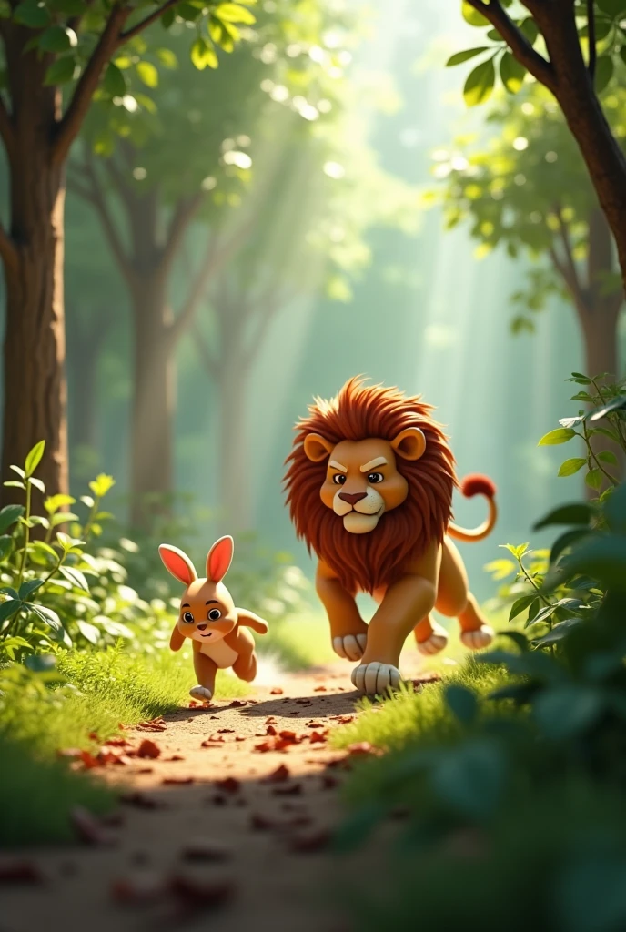 in 3d animation style "Rabbit's Quick forest Escape**: The rabbit dashes away at high speed, barely escaping the lion's paw. The background shows the lion mid-pounce, missing the rabbit by inches.