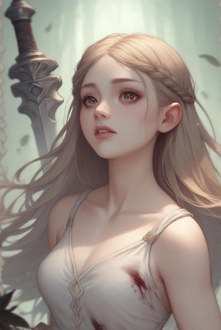 Long-haired dark fantasy, wavy and brown with large, brown almond-shaped eyes. She is in a dark forest. The girl wears a long white dress that is covered in blood. She holds a sword undefined, undefined, undefined,