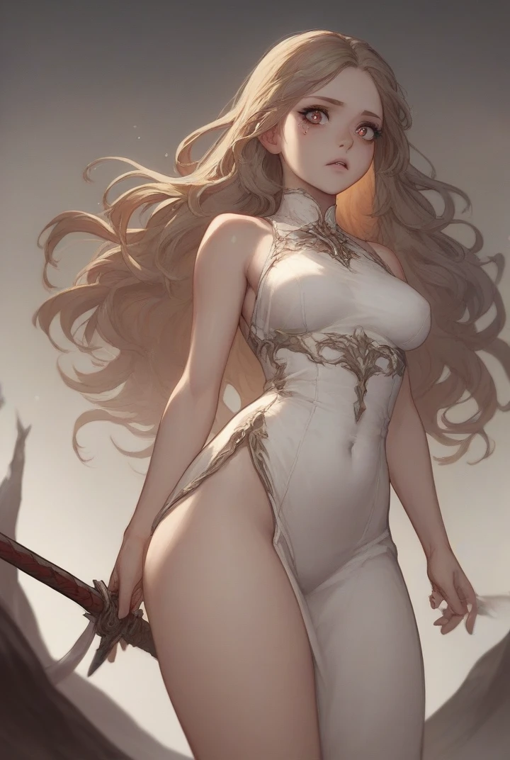 Long-haired dark fantasy, wavy and brown with large, brown almond-shaped eyes. She is in a dark forest. The girl wears a long white dress that is covered in blood. She holds a sword undefined, undefined, undefined,
