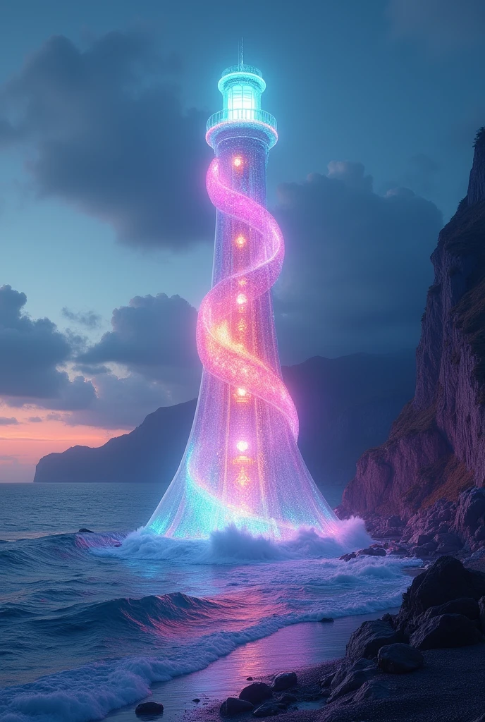 Tongxin Lighthouse is on the other side of the mountain and the sea. There is a colorful tower.，Ambilight，Like a colorful dream，The entire tower is translucent。The shapes are all curves.