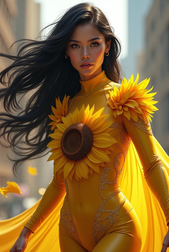 drawing of a superheroine with a fairly covered sunflower costume, with long black hair, brown eyes and a thin complexion