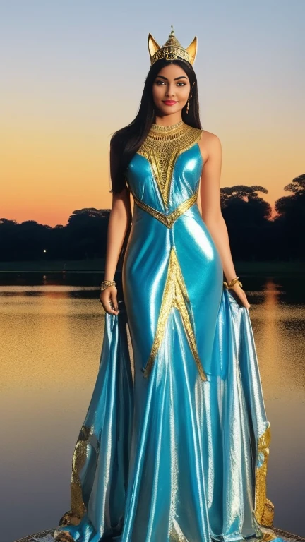 Moonlit Majesty: An Egyptian goddess stands tall at the base of a towering pyramid, her elegant cat ears glinting in the silver glow of the moon casting its gentle beam on the Nile River's tranquil flow. Her golden headdress and flowing blue and gold robes shimmer beneath the soft light as she surveys the ancient structures, surrounded by an aura of mystique.