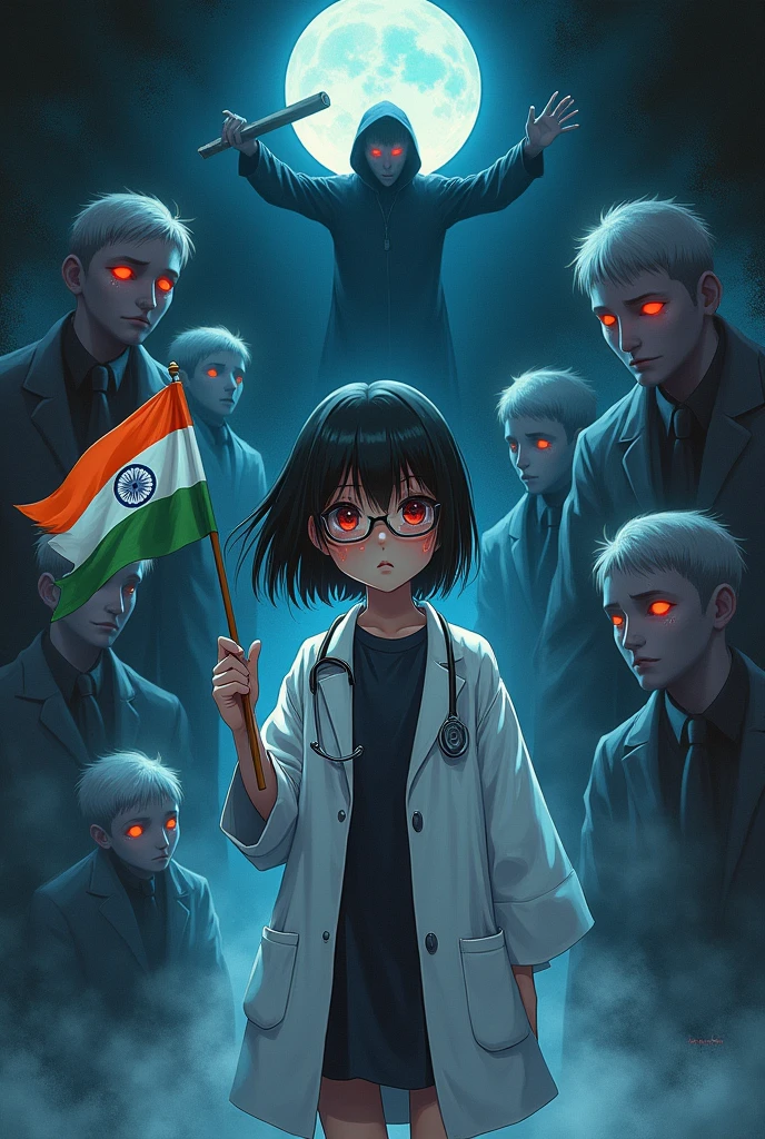 Canvas illustration, anime style, HD, high contrast, gothic background with creepy hands touching a young girl wearing a white doctor's coat. The girl has short black hair, shedding tears. Holding stethoscope in her neck. One hand holding Indian flag and the other hand is holding a justice board. The girl is wearing spectacles and her tears are red in colour which is drenching her white coat. The background also has faces of several men with ghostly faces watching her and trying to touch her. The sky is dark blue to black in colour where lucifer wearing black clothes is watching those men. The other side their is an angel with white clothes watching the girl and crying. The style of painting is european. Photorealism:1.2