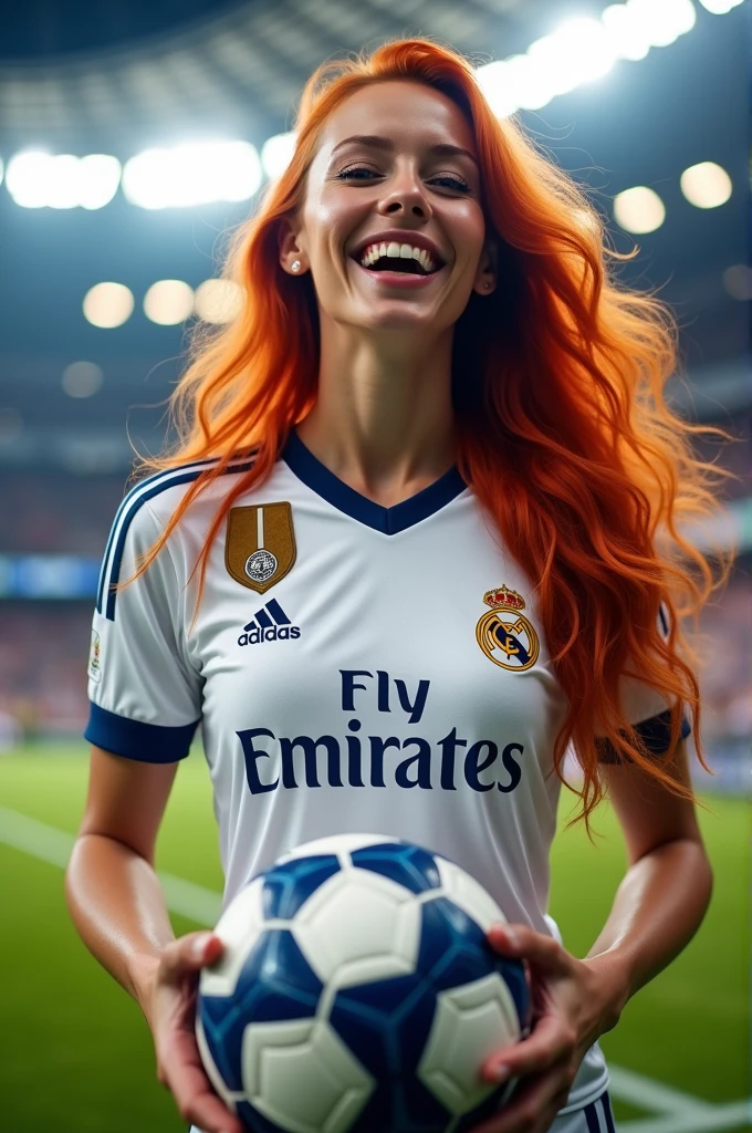 Redhead Brazilian woman ,long  hair , in a stadium dressed in the Real Madrid uniform ,holding a football . Elegant smile and piercing gaze 
