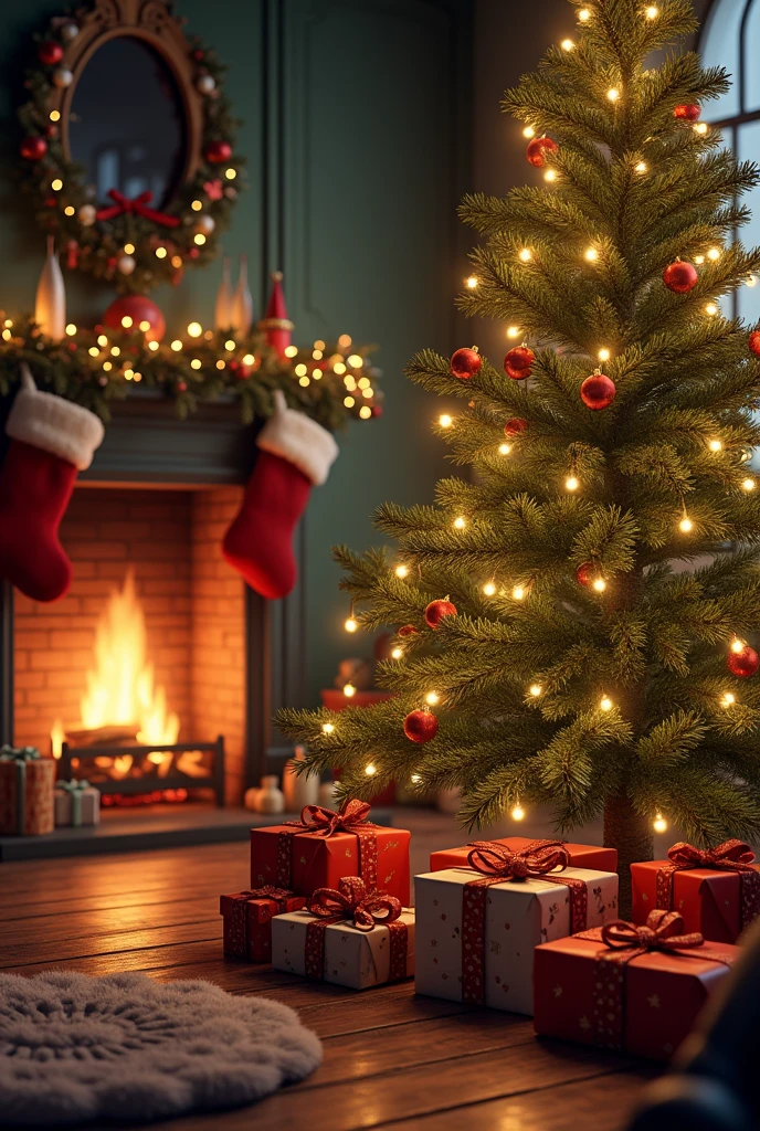 Christmas tree, gifts under the tree, a fireplace
