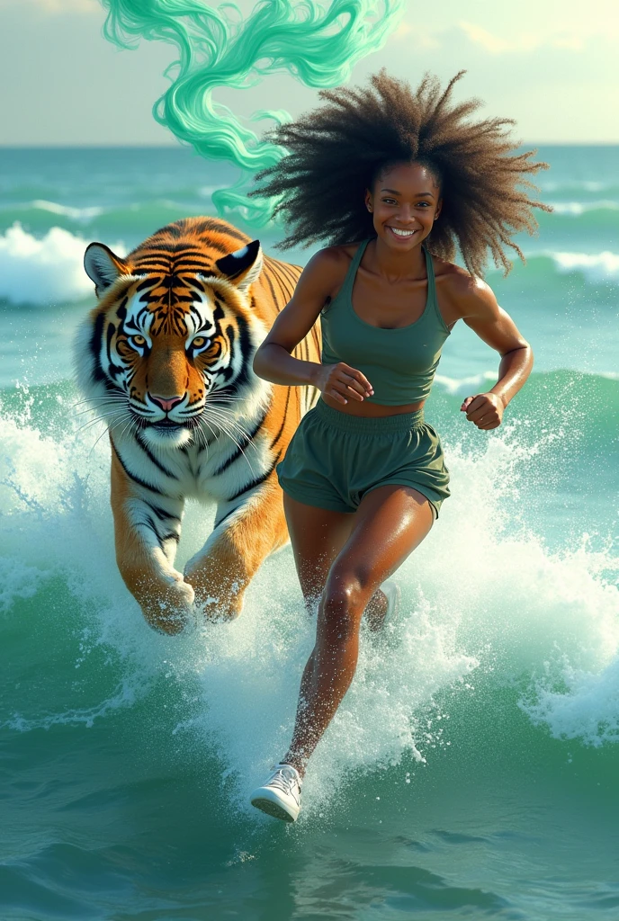 Jeune femme noire vibrante aux cheveux afro-texturés, un sourire chaleureux et radieux et un physique athlétique, sprint à travers des vagues turquoises cristallines qui scintillent de spray océanique irisé, aux côtés d'un majestueux tigre aux fourrures brillantes et aux yeux perçants, ses muscles ondulent sous sa peau pendant qu'elle court, l'eau éclaboussant et moussant sous leur dynamique mouvement, comme si l'océan lui-même répondait à leur rythme énergique, le paysage océanique serein en arrière-plan avec un horizon brumeux, le lien entre la femme et le tigre représenté par un ruban éthéré de fumée virevoltante verte et bleue avec des tourbillons complexes et des vrilles sageuses, rappelant Les lignes expressives confiantes de Loish, l'atmosphère onirique d'Ash Thorp, et le réalisme fantastique de Simon Stalenhag, avec une douce lumière du soleil et chaude qui jette un doux éclat, de l'écume de mer délicate qui s'accroche à la peau de la femme, et l'air rempli d'un sentiment de liberté et de joie débridée.