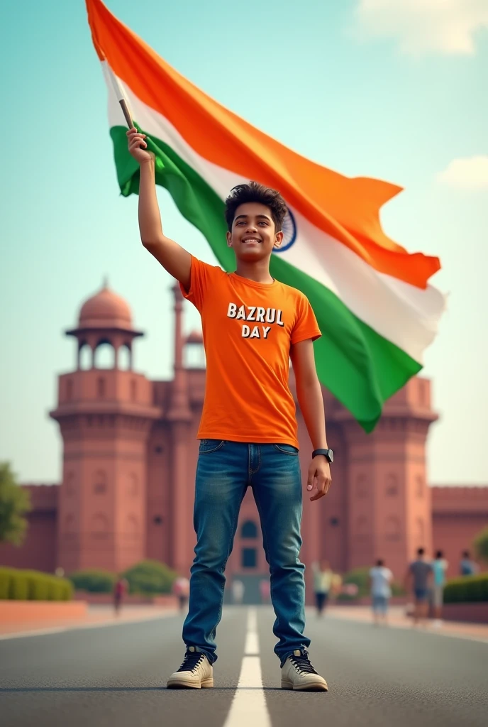 A real 20 years old boy, Wearing Orange T shirt blue jeans sneakers and the name “BAZRUL” is written on his t-shirt and the boy is standing on the road with holding a national flag of India, and behind him is the Red Fort Delhi. And written on sky “Independence Day” Create Realistic image high quality