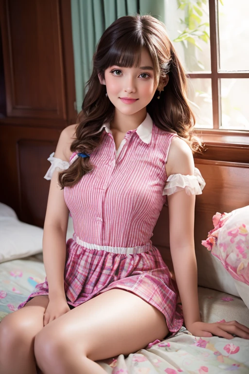 A breathtakingly beautiful and very young girl, exuding an air of innocence and charm. She is dressed in a collared shirt, adorned with checkered stripes, and a short skirt, part of a stunning ensemble. Her bangs gracefully frame her face, while twin braids, adding a touch of whimsy to her overall appearance. The girl's intricate and delicate linework, as well as her fine details, are a testament to the insane amount of attention given to every aspect of her illustration. Her iridescent brown hair is vividly colored and meticulously crafted, with whimsical patterns and enchanting scenes intertwined throughout.two girl kissing,,(bright lighting,romantic setting),dreamy background,,dark hair, mesmerizing gaze, , soft skin, alluring beauty, artistic portrait, high-quality image, vibrant colors,translucent long silk gown, mosquito net, lying down, romantic bedroom,bondage