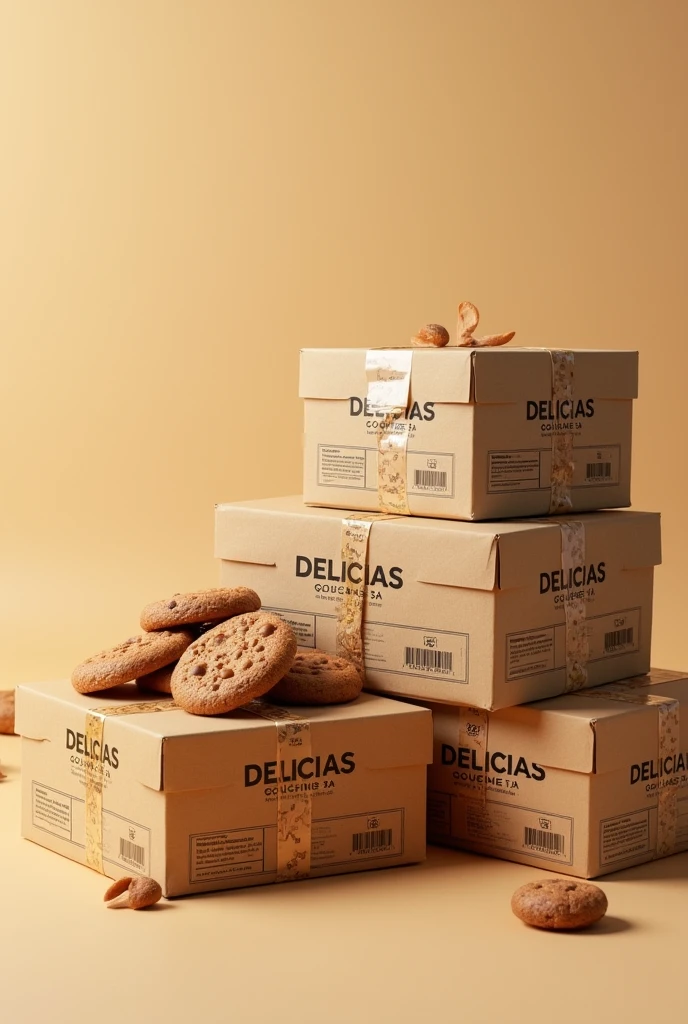 (photorealism:1.2), Show boxes with good packaging and packing WITH TAPE AROUND THE BOXES FOR TRANSPORT and with instructions on how to handle the box. But these boxes should have the company name "DELICIAS GOURMET SA" that makes whole grain cookies with nuts