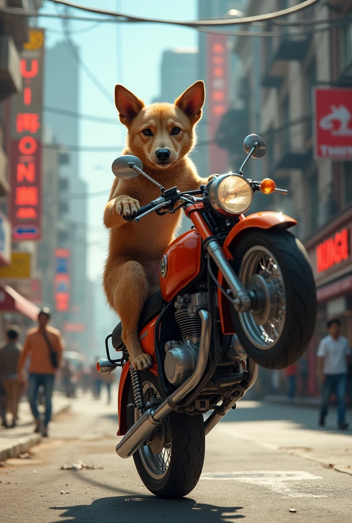A caramel street dog doing a wheelie on a Honda 180 motorcycle with one wheel raised in a busy city.