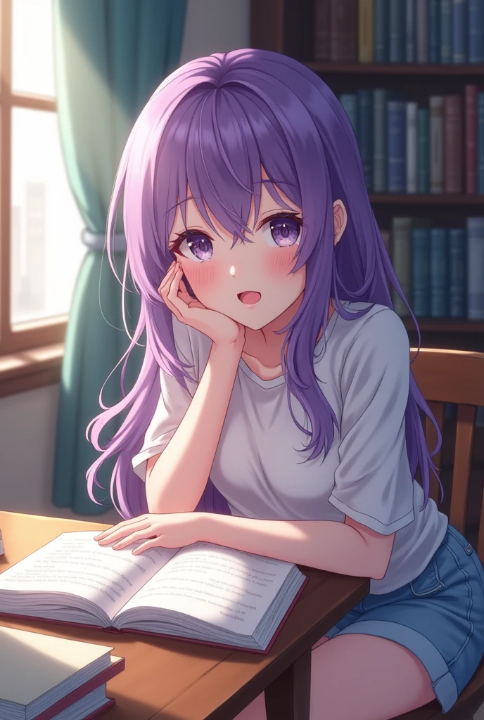 Anime girl with purple hair, studying, barefeet, 