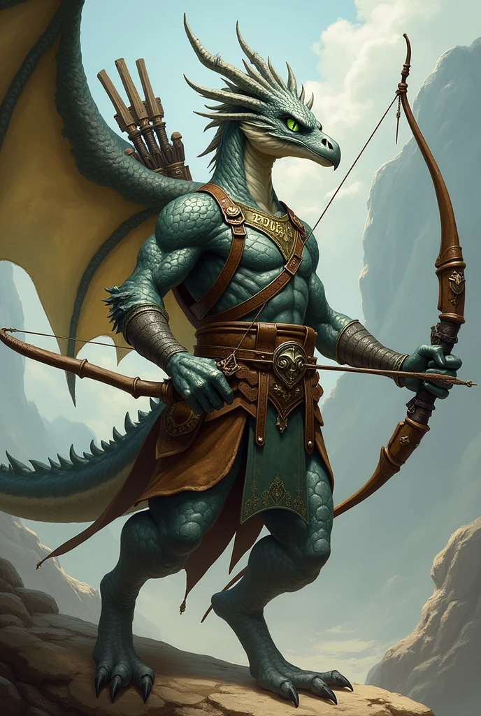 A Dungeons and Dragons character, He is a drake with silver scales and green eyes, He has no hair, He wears leather armor, with a crossbow in their hands and they are aiming with it and a longbow on their back, has a quiver inlaid with magical runes also on their back and has an artifact in the form of a necklace around their neck
 