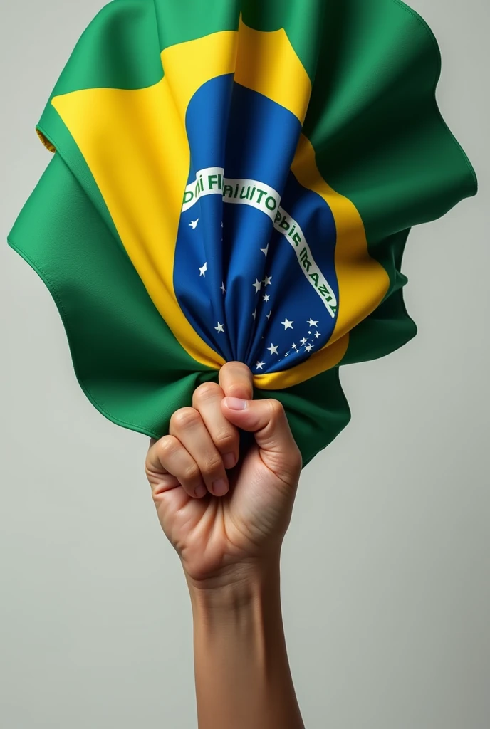 a hand holding a Brazilian flag