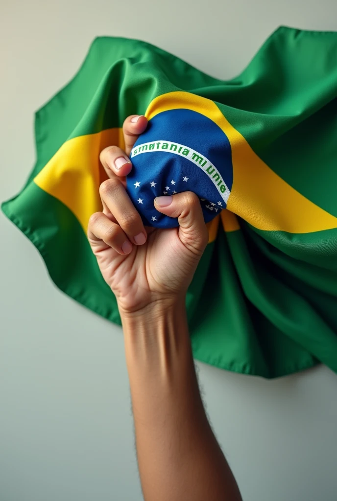 a hand holding a Brazilian flag