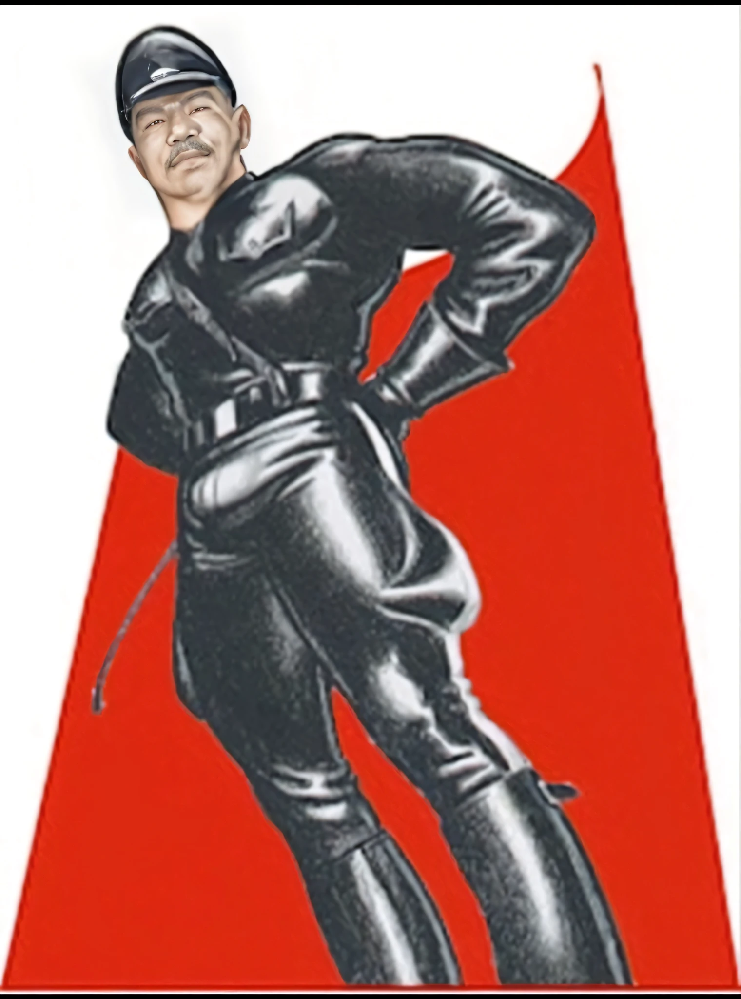 A tall, muscular white male in a menacing WWII German-style leather uniform,he is horny,his crotch is bulge,he leather gauntlet gloves hand is holding a whip, with a sadistic expression on his face, wearing tall black boots,Tom of Finland style, (best quality,4k,8k,highres,masterpiece:1.2),ultra-detailed,(realistic,photorealistic,photo-realistic:1.37),chiaroscuro lighting,dramatic shadows,cinematic composition,gothic horror