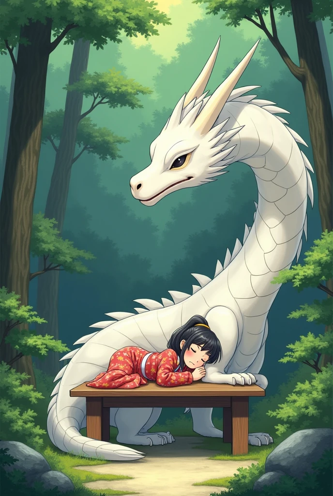A serene Japanese Zen temple nestled amidst a forested backdrop，A cheerful girl in a kimono naps on a desk beside a large tree，There's a super handsome white dragon beside her, watching over her with gentle eyes.