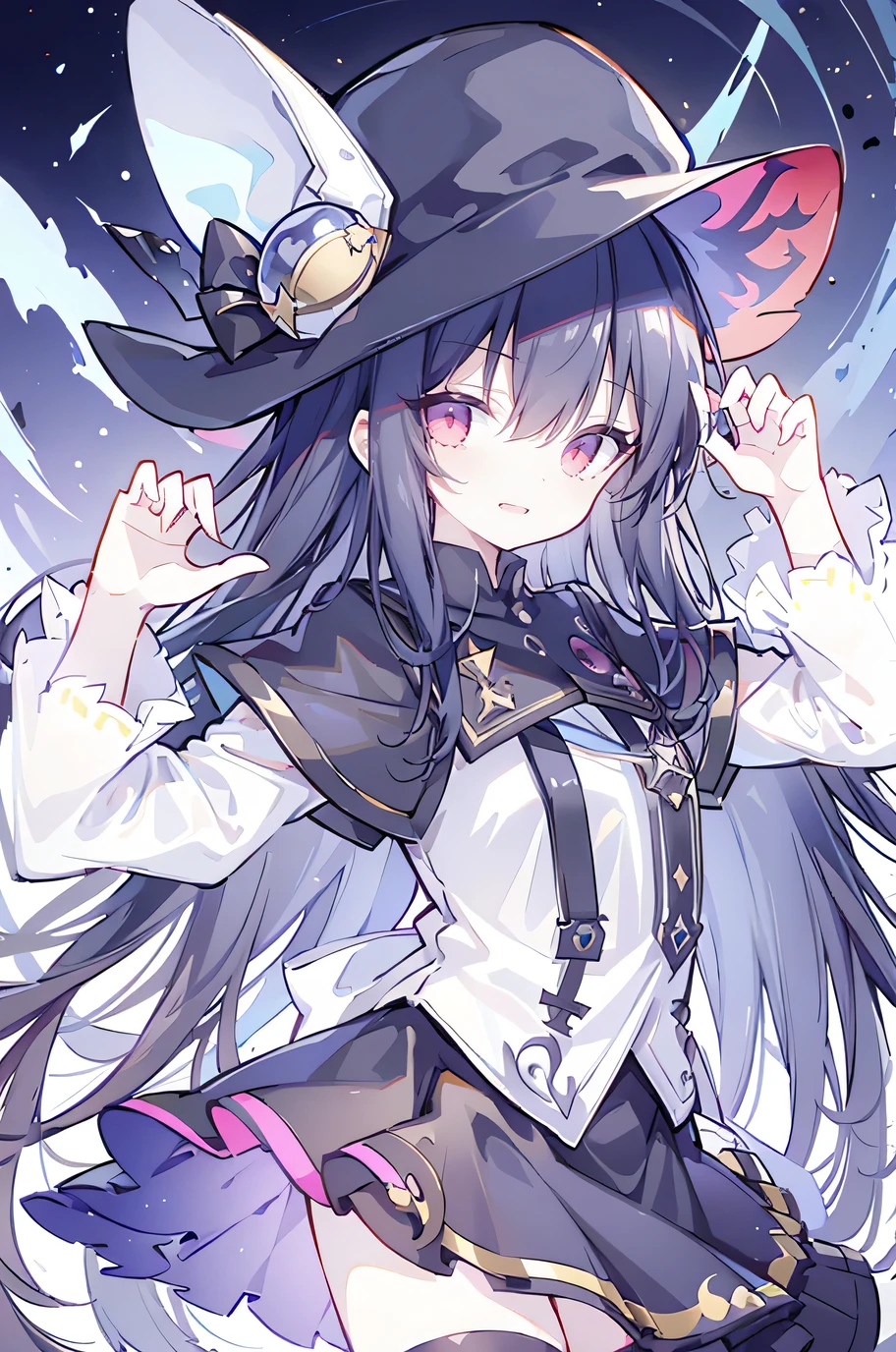 oung Girls,Humanity,A magician always smiles,big witch hat,cute,dark blue long hair,The eyes are dull,The bangs are heavy,Thin eyebrows,fantasy,intake,Double teeth,Star Theme,Constellation pattern,Solid color clothetal decoration,cloak,A bit of a dark atmosphere,A little crazy smile,When the big moon shines outside at night,blood,Hair black star embellishment,Short tie,No nails,High waist skirt,Bell sleeves,Long-sleeved shirt,Black tie,low risk,gentlemen。Mist、Yellow and white effect，Shocking pink as an accent color