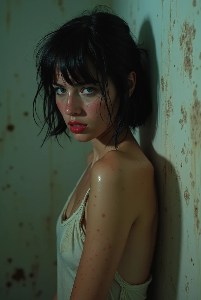 ultra-detailed, realistic, wallpaper, disheveled, hard breath, bob cut, sexual tension, loosing control,  sexy despair, sweat, desperation, liquid t-shirt, void, abstract, freckles, red lips, colored