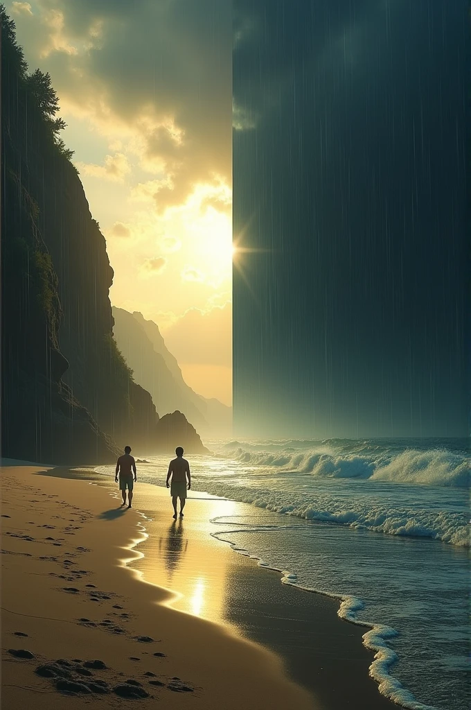 A beach where half is daytime and the other half is rainy nighttime
