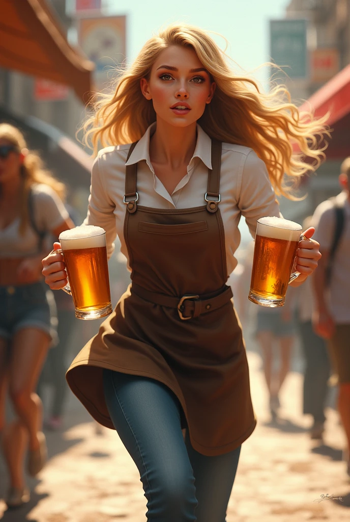 24-year-old woman。She has long blonde hair in vertical curls。With a slender figure、Wearing an apron and a sling。With a beer mug in each hand、Please draw me running around busily.。