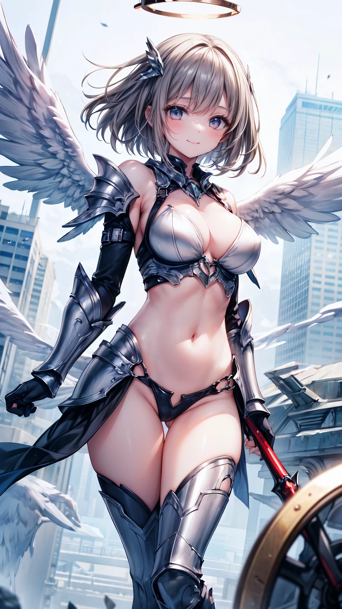 fantasy, 1angel_girl,(young_:1.5), ,brown_hair, medium_bob_hair, long_bangs, halo,bare_shoulder,thighhighs,silver_armor, waist_armor, large_breasts,1pair_wings, dynamic_pose_fighting,floating, bare_crotch, headgear,gauntlet, greaves,city_landscape_background,slightly_spread_legs, solo, groin_naked,smile