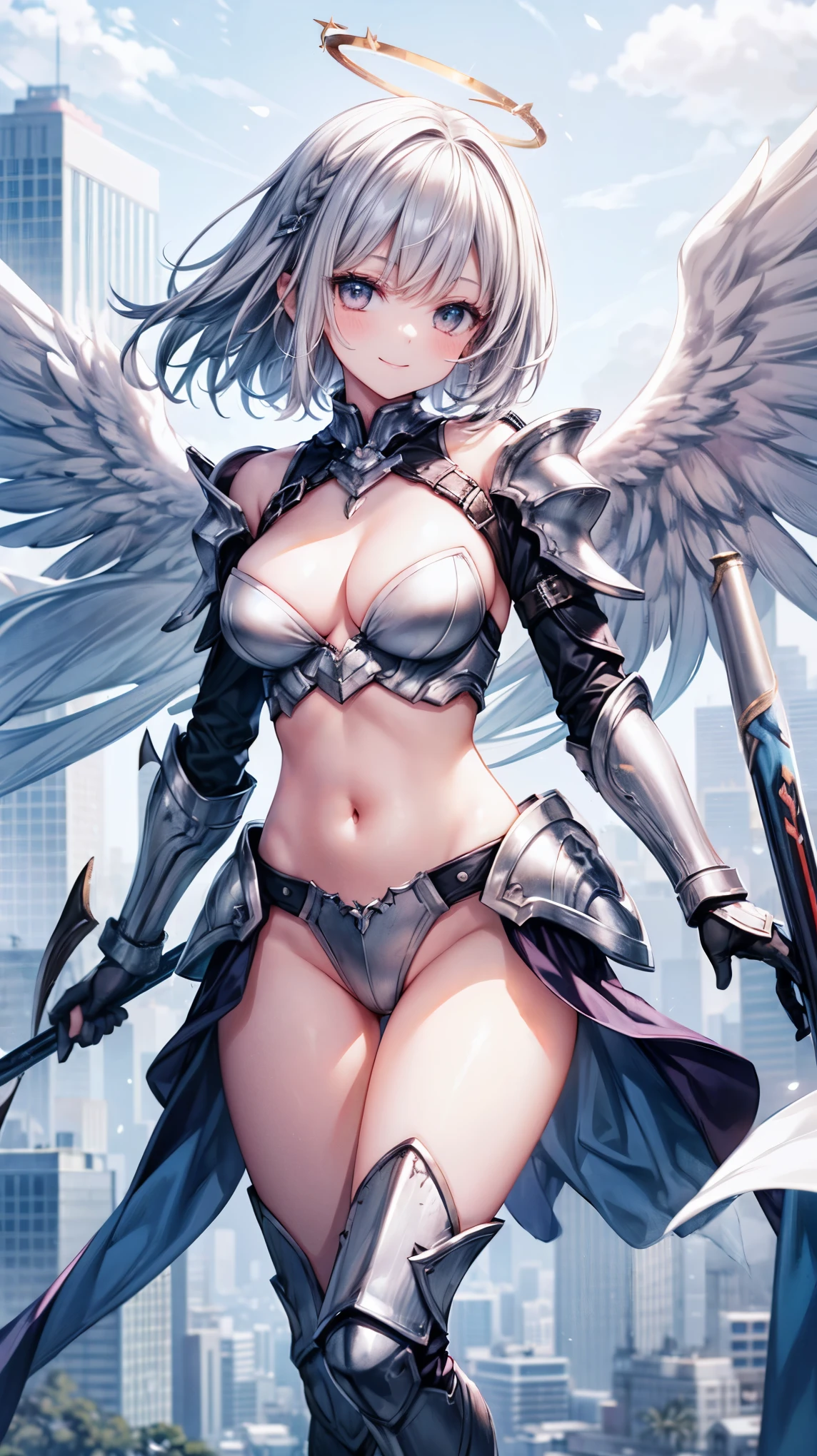 fantasy, 1angel_girl,(young_:1.5), ,brown_hair, medium_bob_hair, long_bangs, halo,bare_shoulder,thighhighs,silver_armor, waist_armor, large_breasts,1pair_wings, dynamic_pose_fighting,floating, bare_crotch, headgear,gauntlet, greaves,city_landscape_background,slightly_spread_legs, solo, groin_naked,smile