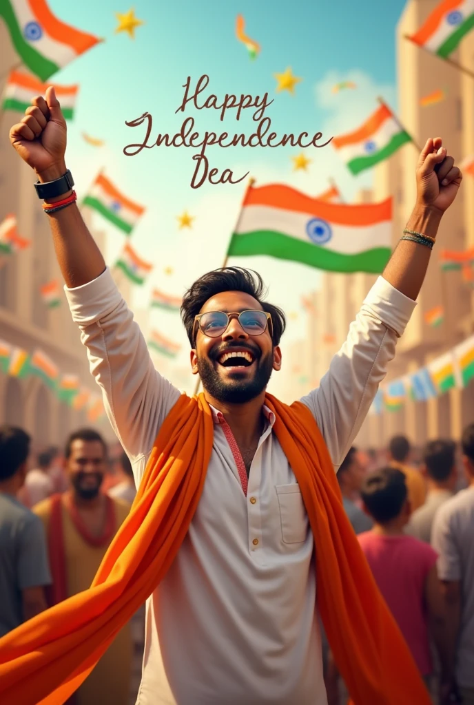 Generate a real-life image of a 25-year-old (boy) joyfully celebrating Indian Independence Day. The individual is dressed in traditional Indian attire with the name 'MAHESH' prominently displayed on their clothing. The sky above them features the words 'Happy Independence Day' in a bold font. The background is alive with a crowd of people celebrating, creating a vibrant and patriotic atmosphere