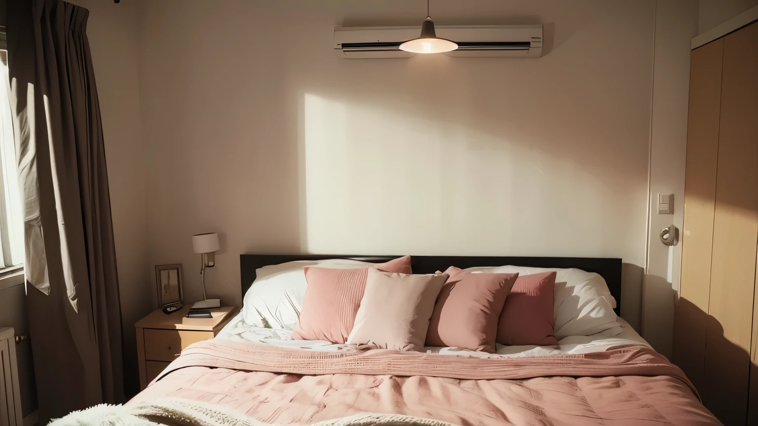 bedroom of a middle-class apartment. Cozy feeling. cinematic lighting