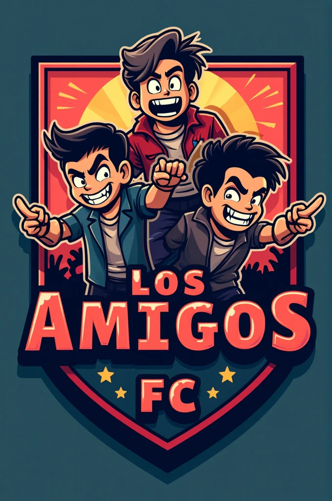 I need you to create a soccer badge whose name is Los Amigos FC, that is creative, youthful, with a bit of terror, malice, and laughter within the image of the badge.