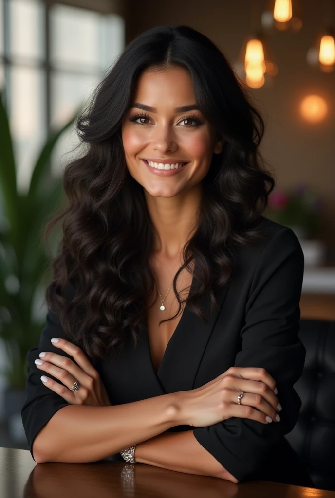 A beautiful 28-year-old Latina woman with dark hair, HANDS CROSSED WITH HER HEAD TILTED, wearing a stylish casual outfit in the style of an important graphic designer and publicist, looking directly at the camera with a hyperrealistic beautiful smile.  GLAMOROUS OFFICE AMBIENCE 