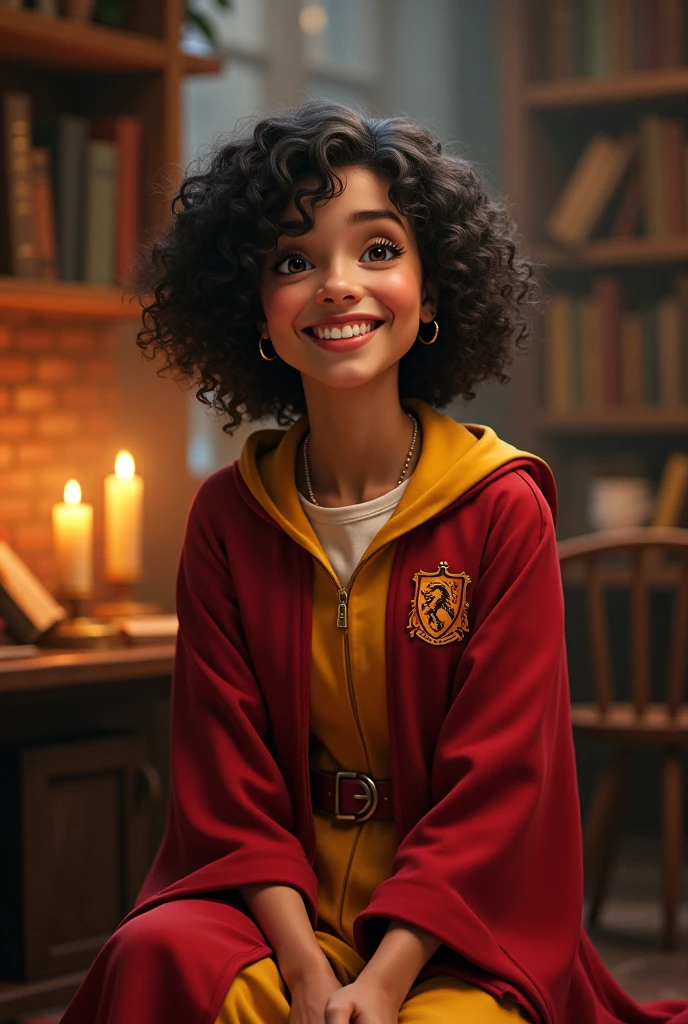 Pretty girl, honey skin, but chubby , short dark curly hair , big smile, griffendor robes, sitting