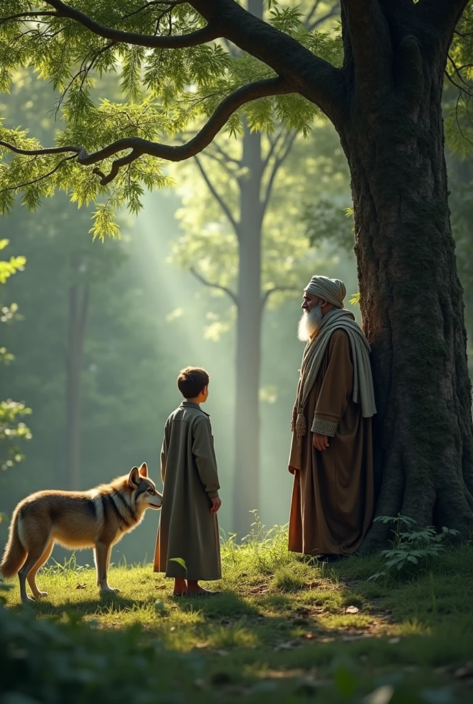 (photorealism:1.2), a square picture, a muslim old man , forest background, setting under a big three seeing a wolf and the wolf is setting, there other muslims, there's a younger muslim man( child) who listing the advance of the old man