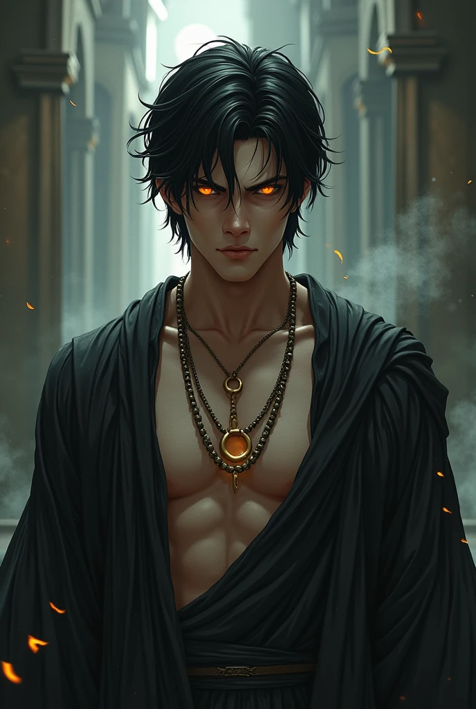 Create another image of Hades the Greek god but with shorter black hair, orange eyes, ancient greek clothes and with a necklace with a gold ring and a cloak