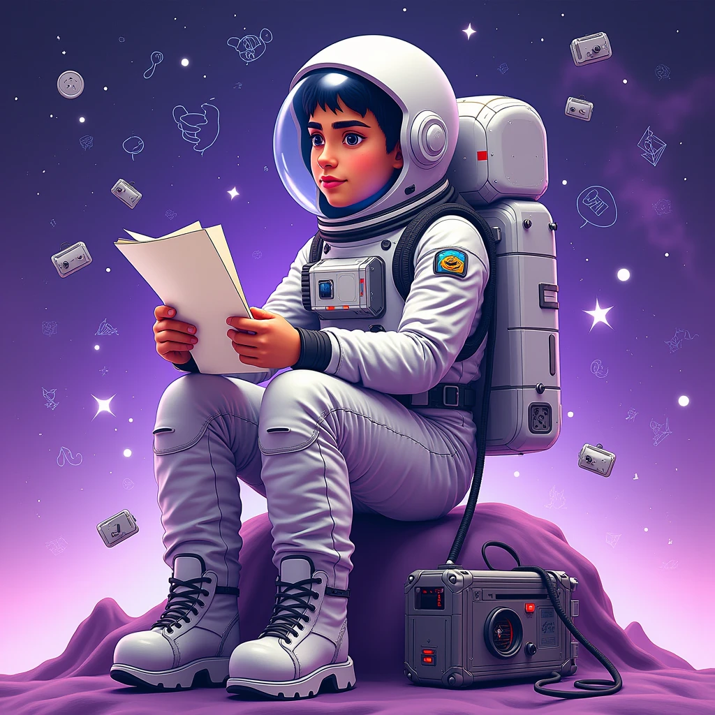 scriptwriter astronaut avatar sitting, holding scripts equipment, surrounded by script writing doodles elements, in a purple gradient galaxy background