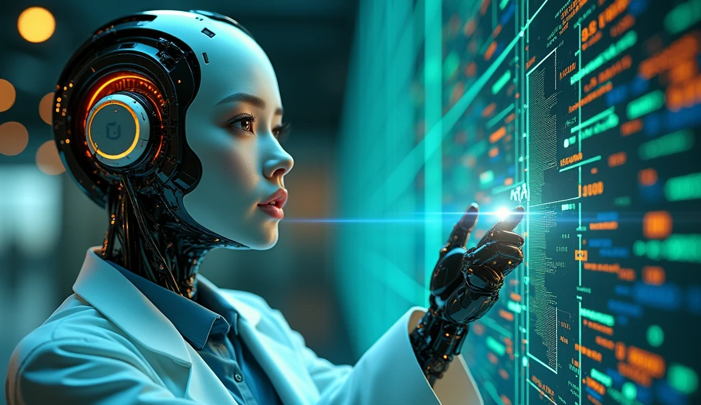 A left half image of a half robot scientist, Representing AI, holding a futuristic multi-functional tool, with several visible functions (such as a magnifying glass, Balance, padlock, etc.)
Tech elements like circuits and data floating around the character and on the right half.
Use of modern and contrasting colors to highlight the importance of messages, with a clean and futuristic aesthetic