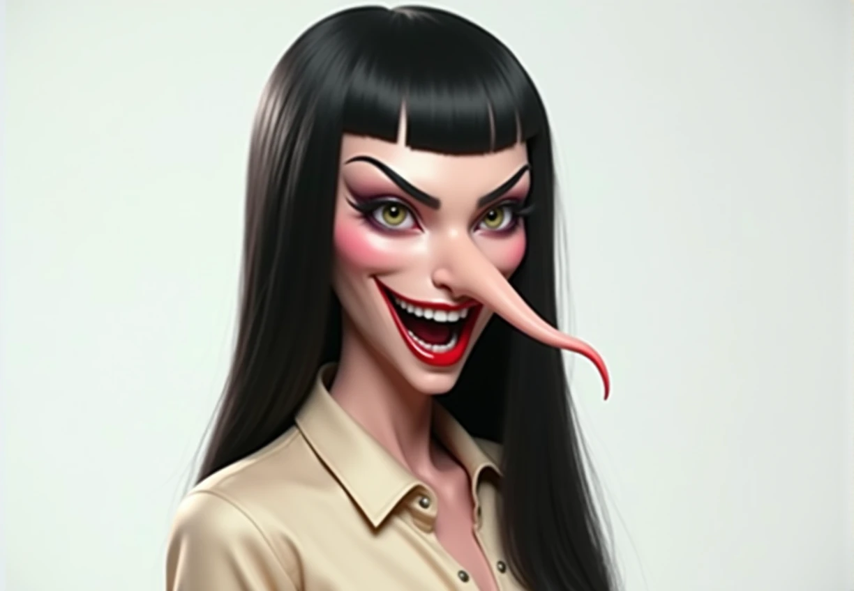 a detailed evil asian witch with a big long nose, big inflated forehead, long straight black hair, eyebrows raised seductively, perfect teeth, big teeth, wearing beige satin button blouse, evil laugh, cinematic lighting, hyper realistic, 8k hd resolution, highly detailed, photorealistic, masterpiece, evil eyes