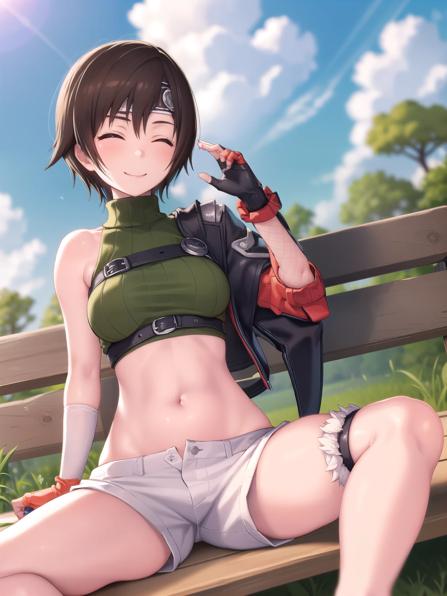 yuffiekisaragi, Yuffie Kisaragi,Haircuts, pixie cut,
壊す crop top, fingerless gloves, fishnet Thighhighs, fishnet, forehead protector, gloves, head band, belly button, short shorts, shorts, single sleeve, single thigh high, No sleeve, No sleeve turtleneck, Thighhighs, turtleneck,
bench、blue sky、smile