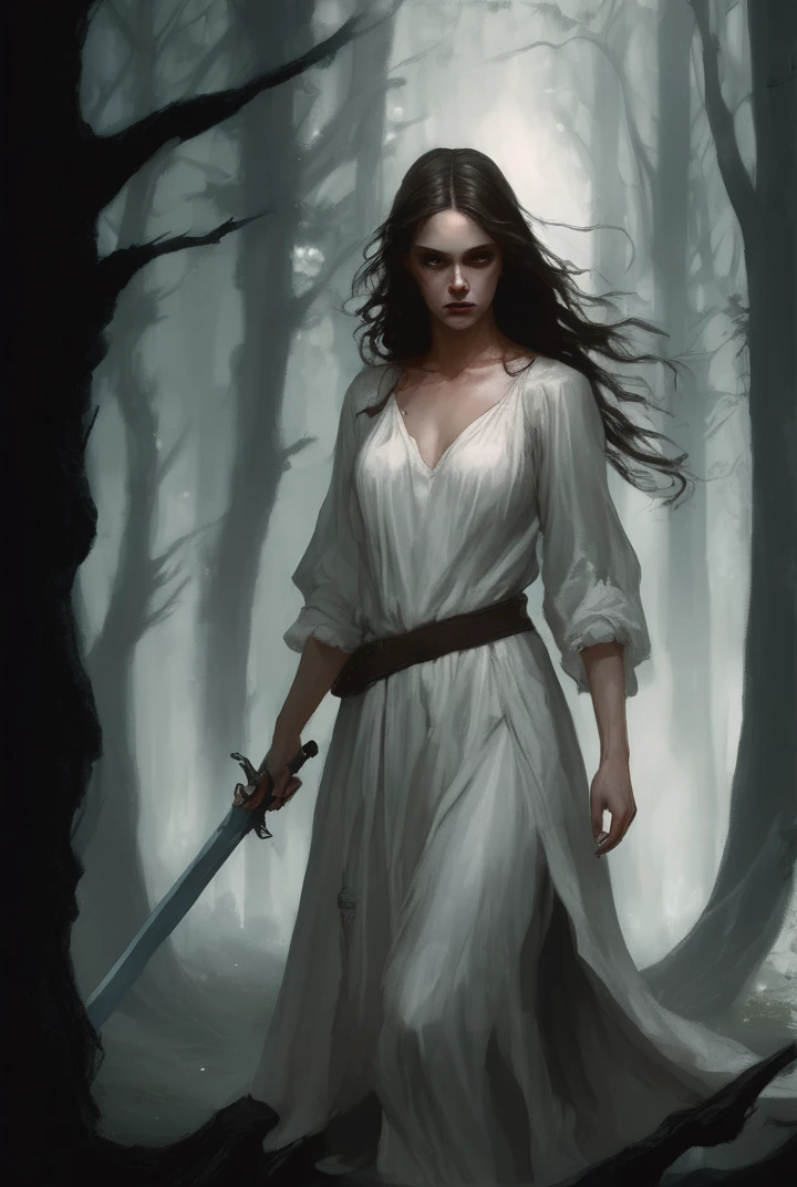 Long-haired dark fantasy, wavy and brown with large, brown almond-shaped eyes. She is in a dark forest. The girl wears a long white dress that is covered in blood. She holds a sword undefined, undefined, undefined, 