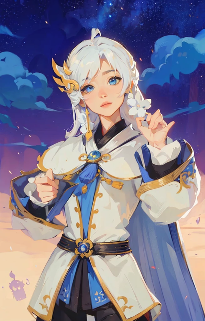 ((Best Quality, 8K, Masterpiece: 1.3)), best quality, ultra high res, a woman in a white and blue outfit holding a sword, keqing from genshin impact, inspired by Li Chevalier, genshin impact character, portrait knights of zodiac girl, beautiful celestial mage, delicate androgynous prince, zhongli from genshin impact, maya ali as a wind mage, beautiful androgynous prince, cotton cloud mage robes