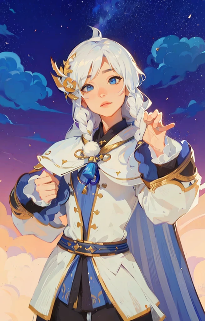 ((Best Quality, 8K, Masterpiece: 1.3)), best quality, ultra high res, a woman in a white and blue outfit holding a sword, keqing from genshin impact, inspired by Li Chevalier, genshin impact character, portrait knights of zodiac girl, beautiful celestial mage, delicate androgynous prince, zhongli from genshin impact, maya ali as a wind mage, beautiful androgynous prince, cotton cloud mage robes