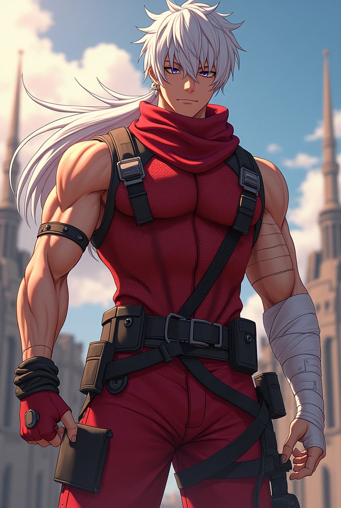 a dynamic illustration of Munashi Kurotani, a young yet physically imposing 15-year-old character standing at 203 cm with a muscular build. He has pure white hair and eyes. Munashi is dressed in a tight-fitting, deep red shirt made from special mesh fabric with a high collar and no sleeves, paired with matching red, slightly loose combat pants. He wears dark-colored ninja sandals. Over his shirt, he dons a rugged combat jacket. His right arm features a bandaged hands, while both legs have hip-pouches with additional bandages wrapped around them. Capture him in a reflective or intense training pose, emphasizing his immense physical strength. The overall mood should convey his formidable presence, masterpiece, best quality, high quality, extremely detailed 8k CG unit wallpaper, depth of field, HDR, photorealistic, extremely detailed, intricate, high detail, sun reflecting