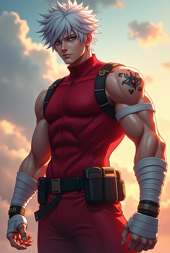 a dynamic illustration of Munashi Kurotani, a young yet physically imposing 15-year-old character standing at 203 cm with a muscular build. He has pure white hair and eyes. Munashi is dressed in a tight-fitting, deep red shirt made from special mesh fabric with a high collar and no sleeves, paired with matching red, slightly loose combat pants. He wears dark-colored ninja sandals. Over his shirt, he dons a rugged combat jacket. His right arm features a bandaged hands, while both legs have hip-pouches with additional bandages wrapped around them. Capture him in a reflective or intense training pose, emphasizing his immense physical strength. The overall mood should convey his formidable presence, masterpiece, best quality, high quality, extremely detailed 8k CG unit wallpaper, depth of field, HDR, photorealistic, extremely detailed, intricate, high detail, sun reflecting