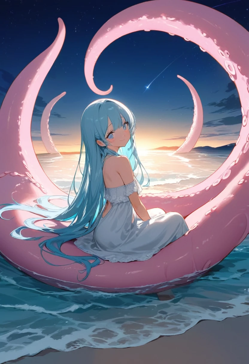 masterpiece, best quality, extremely detailed, (illustration, official art:1.1), 1 girl ,(((( light blue long hair)))), ,(((( light blue long hair)))),light blue hair, , long hair ((blush)) , cute face, big eyes, masterpiece, best quality,(((((a very delicate and beautiful girl))))),Amazing,beautiful detailed eyes,blunt bangs((((little delicate girl)))),tareme(true beautiful:1.2), sense of depth,dynamic angle,,,, affectionate smile, (true beautiful:1.2),,(tiny 1girl model:1.2),)(flat chest) ,A breathtaking scene unfolds as the moonlight casts a luminous glow on a deserted beach, painting the sky with a tapestry of twinkling stars. At the center of this ethereal moment, A young woman with long hair cascades sits in deep meditation. Its tranquil presence evokes a sense of inner peace and serenity amidst the vastness of the empty coast. The girl's silhouette stands out against the backdrop of darkness, his serene expression bathed in soft moonlight. Long pink tentacles of cascade down the back, intertwined with the gentle sea breeze that caresses his face. Your closed eyes indicate a deep connection to the universe, as if his own thoughts harmonized with the whispers of the ocean waves.