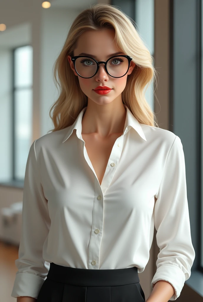 Realistic 4k girl secretary wearing formal shirt-pant showing cleavage big tits blonde hairs red lips spectacles posing to camera