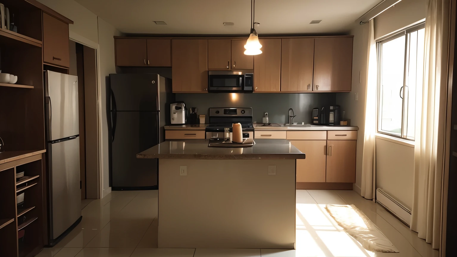 kitchen of a middle-class apartment. Cozy feeling. cinematic lighting