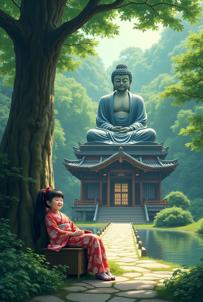 A serene Japanese Zen temple nestled amidst a forested backdrop,A cheerful girl in a kimono naps on a desk beside a large tree,There is a super handsome Buddha gently watching over her.