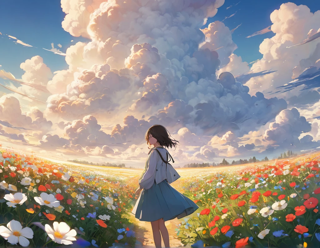 (masterpiece, Highest quality:1.2), One girl, alone, flower field, big clouds, shapes in clouds